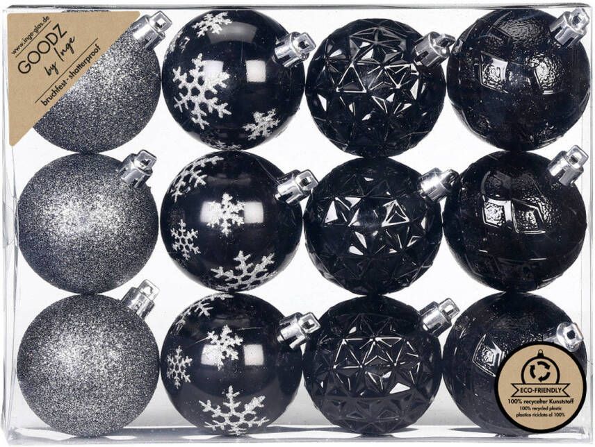 Merkloos Inge Christmas kerstballen gedecoreerd 12x zwart 6 cm -kunststof Kerstbal