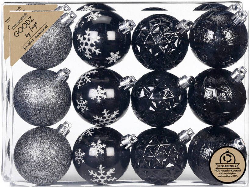 Merkloos Inge Christmas kerstballen gedecoreerd 24x zwart 6 cm -kunststof Kerstbal