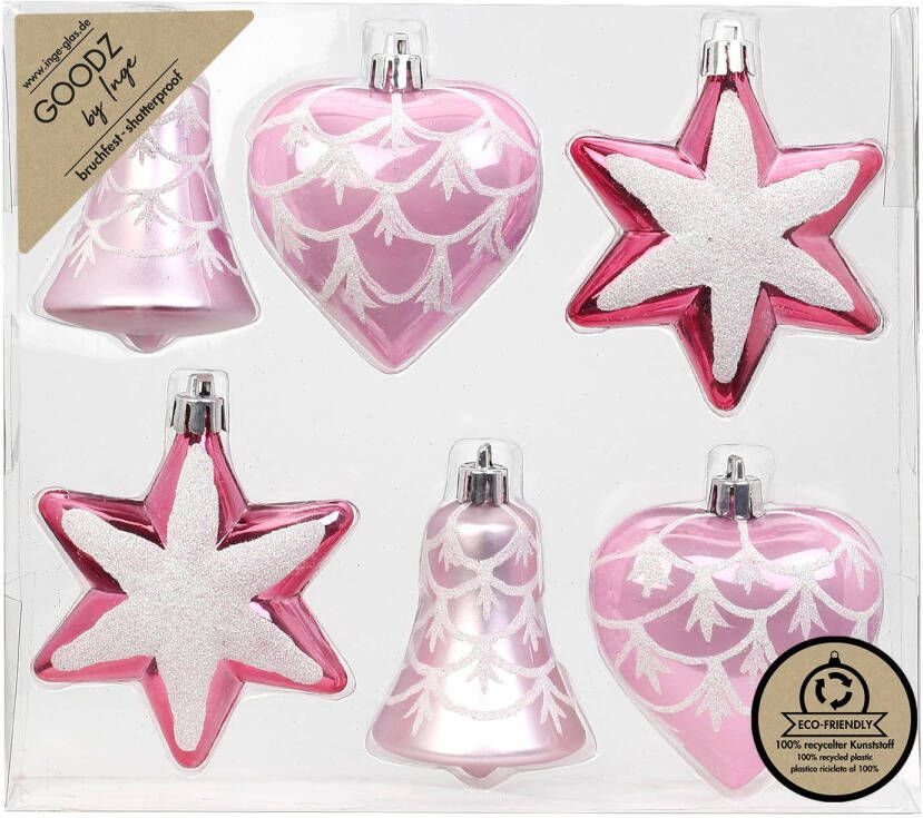 Merkloos Inge Christmas kerstornamenten figuurtjes 6x stuks roze 9 cm Kersthangers