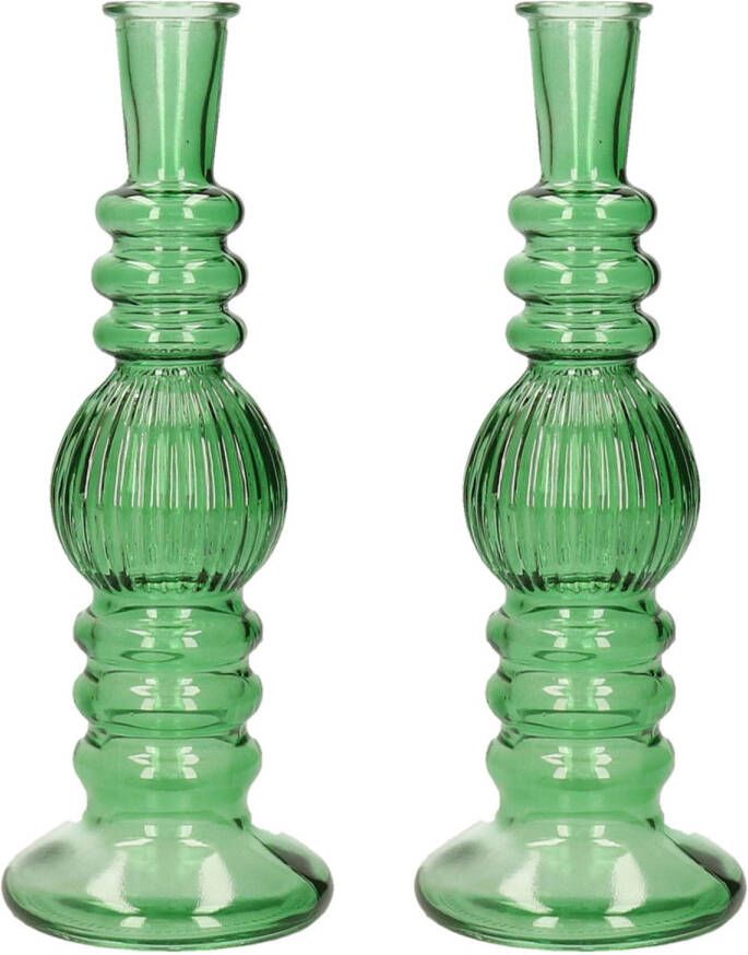 Merkloos Kaarsen kandelaar Florence 2x groen glas ribbel D8 5 x H23 cm kaars kandelaars