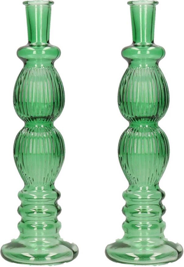 Merkloos Kaarsen kandelaar Florence 2x groen glas ribbel D9 x H28 cm kaars kandelaars