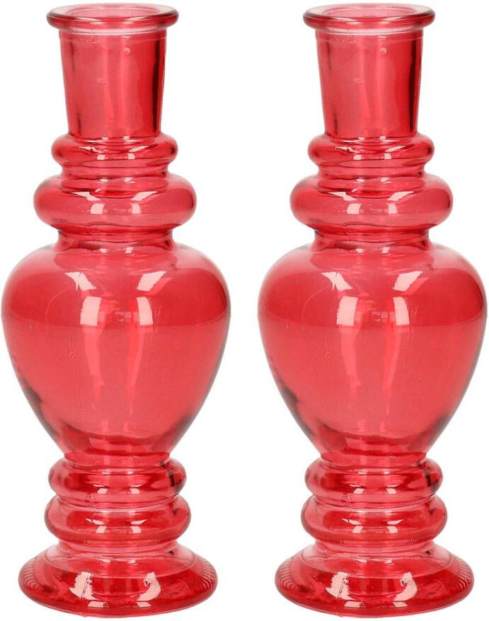 Merkloos Kaarsen kandelaar Venice 2x gekleurd glas helder koraal rood D5 7 x H15 cm kaars kandelaars