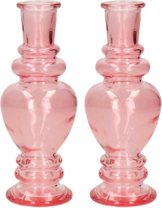 Merkloos Kaarsen kandelaar Venice 2x gekleurd glas helder roze D5 7 x H15 cm kaars kandelaars