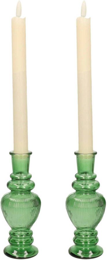 Merkloos Kaarsen kandelaar Venice 2x gekleurd glas ribbel groen D5 7 x H15 cm kaars kandelaars