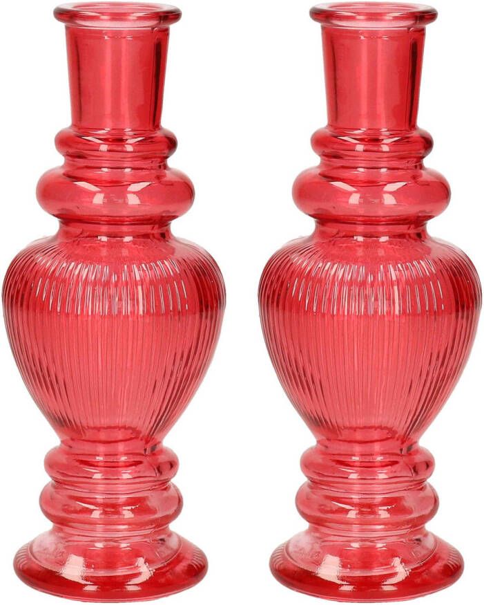 Merkloos Kaarsen kandelaar Venice 2x gekleurd glas ribbel rood D5 7 x H15 cm kaars kandelaars