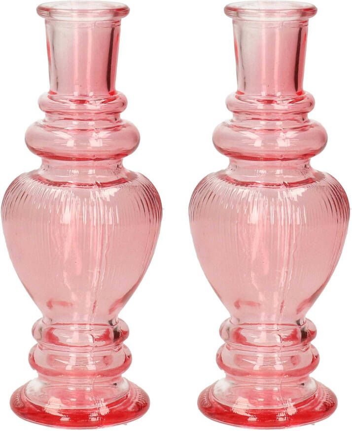 Merkloos Kaarsen kandelaar Venice 2x gekleurd glas ribbel roze D5 7 x H15 cm kaars kandelaars