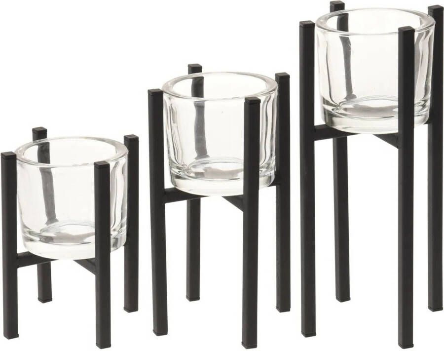 Merkloos Kaarshouders 3 stuks glas met zwart metalen standaard waxinelichtjeshouders