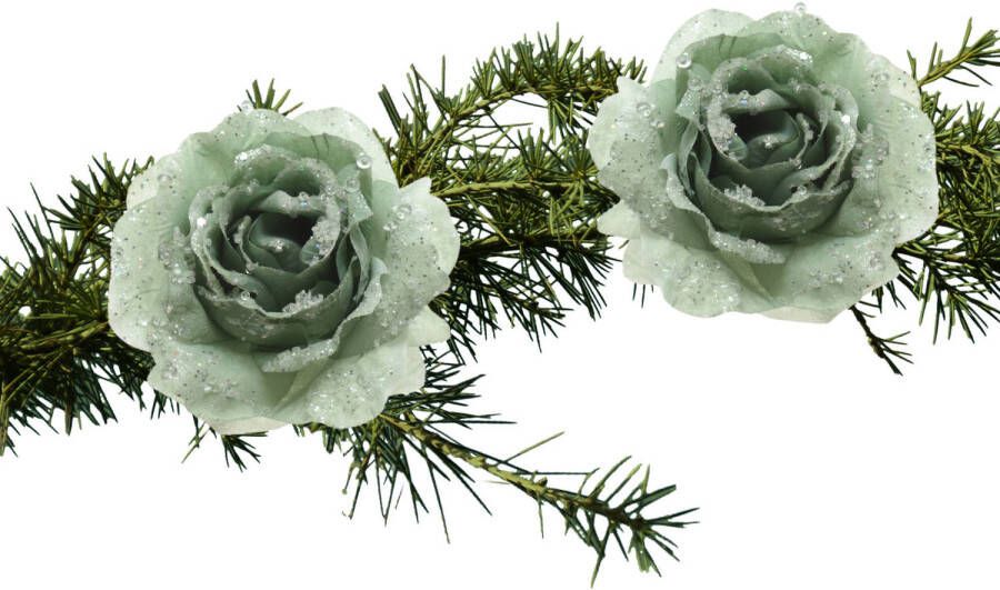Decoris Kerst bloemen 2x stuks kunststof salie groen op clip 14 cm Kersthangers