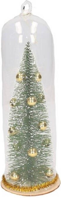 Merkloos Kerst hangdecoratie glazen stolp met groen gouden kerstboom 22 cm Kersthangers