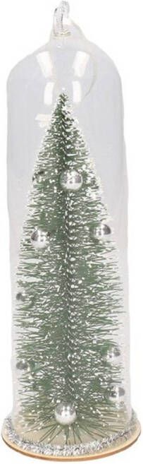Merkloos Kerst hangdecoratie glazen stolp met groen zilveren kerstboom 22 cm Kersthangers