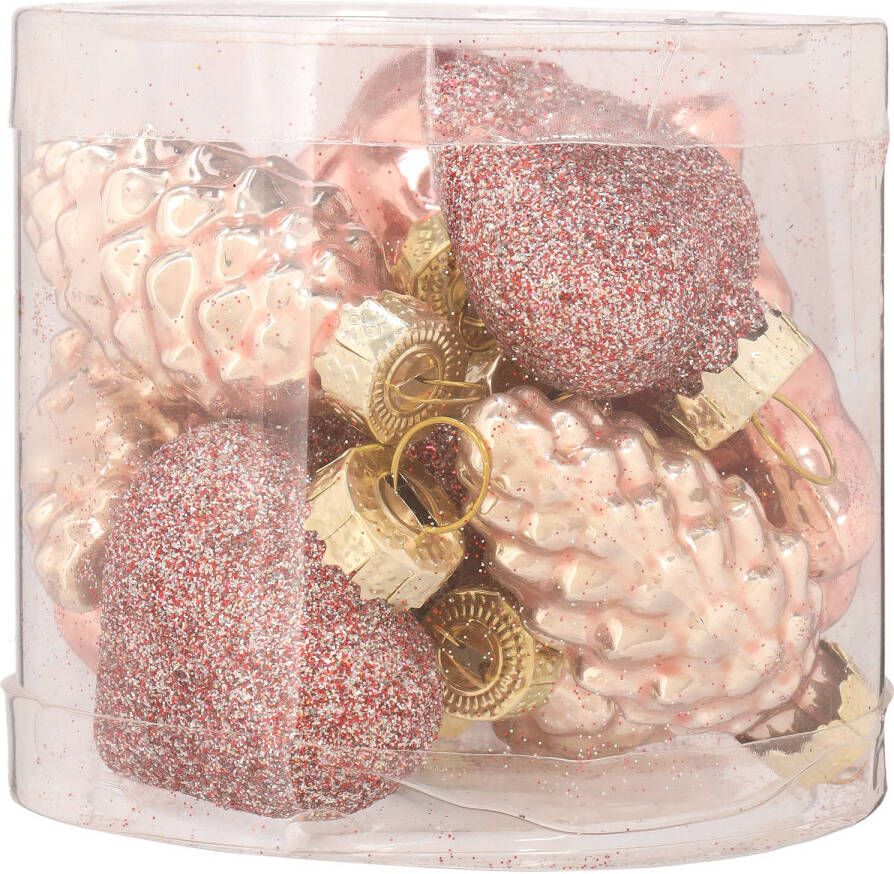 Merkloos Kerst ornamenten roze set 12st dennenappel ster hart glas boomornament