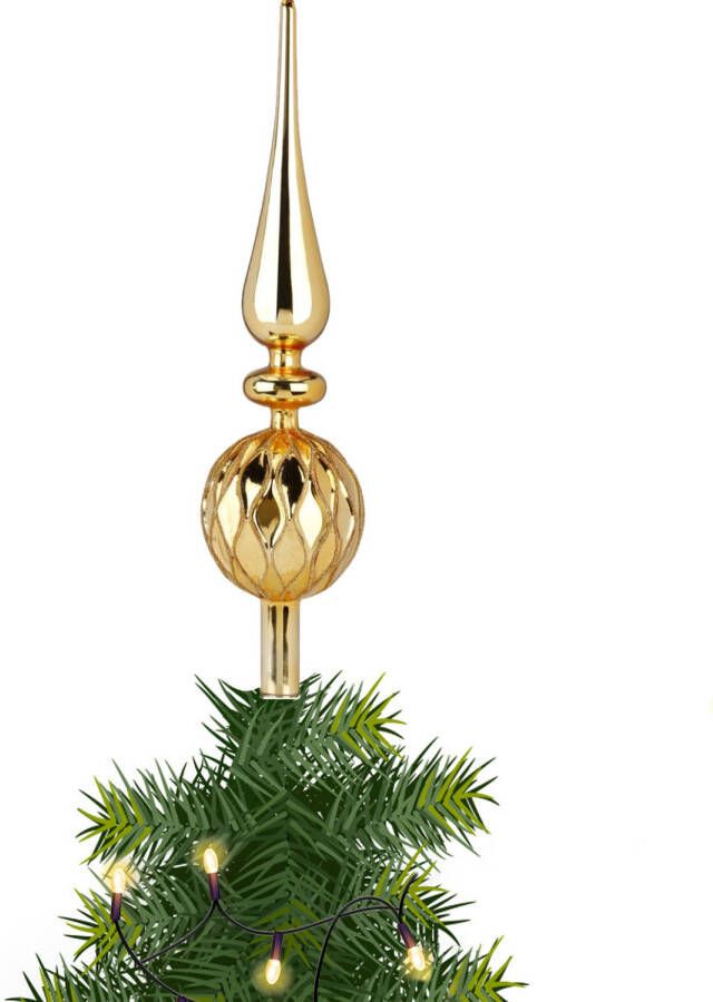 Merkloos Kerst piek van glas goud gedecoreerd H31 cm kerstboompieken