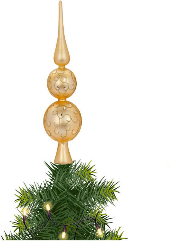 Merkloos Kerst piek van glas goud gedecoreerd H31 cm kerstboompieken