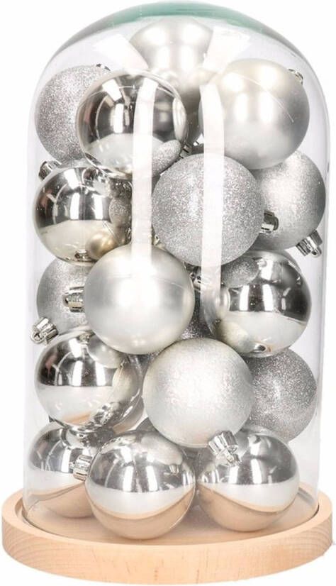 Merkloos Kerst woondecoratie stolp met zilveren kerstballen Kerststukjes