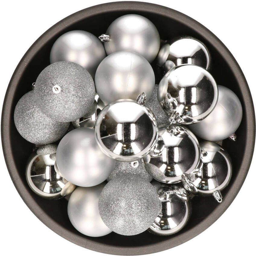 Merkloos Kerstballen 25x stuks zilver 8 cm kunststof kerstversiering Kerstbal