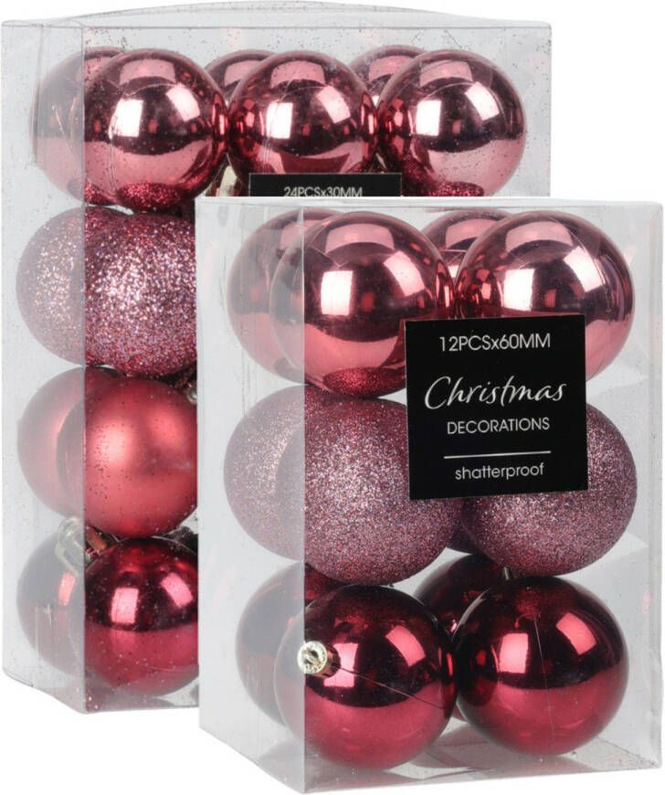 Merkloos Kerstballen 28x st 5 en 6 cm roze kunststof Kerstbal