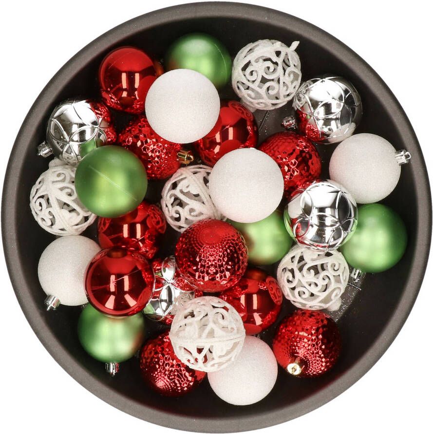 Merkloos Kerstballen 37x stuks wit rood groen zilver kunststof 6cm Kerstbal