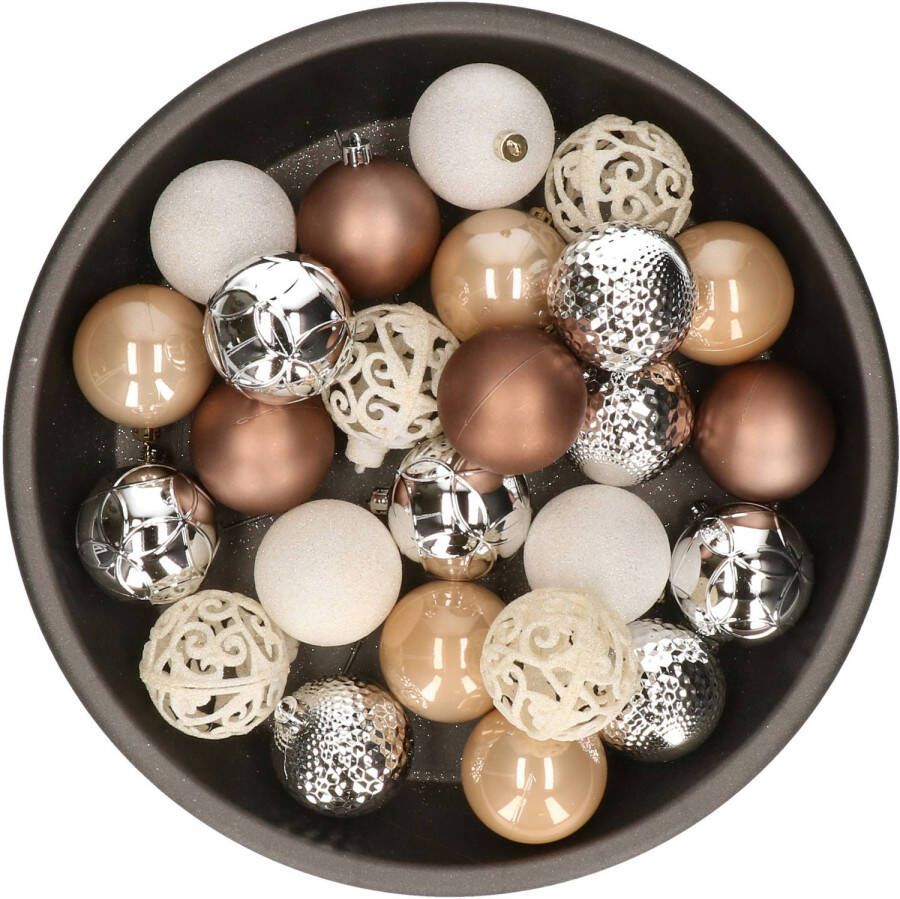 Merkloos Kerstballen 37x stuks wit zilver bruin kunststof 6cm Kerstbal