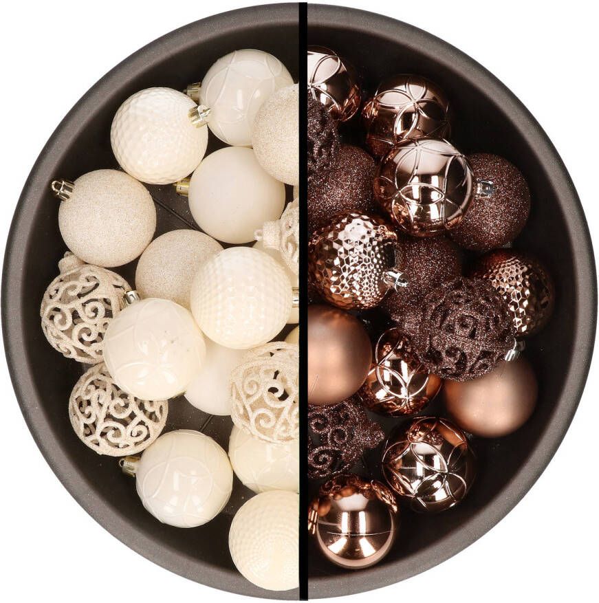 Merkloos Kerstballen 74x stuks wol wit en bruin 6 cm kunststof Kerstbal