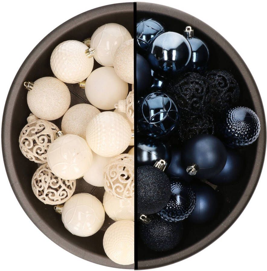 Merkloos Kerstballen 74x stuks wol wit en donkerblauw 6 cm kunststof Kerstbal