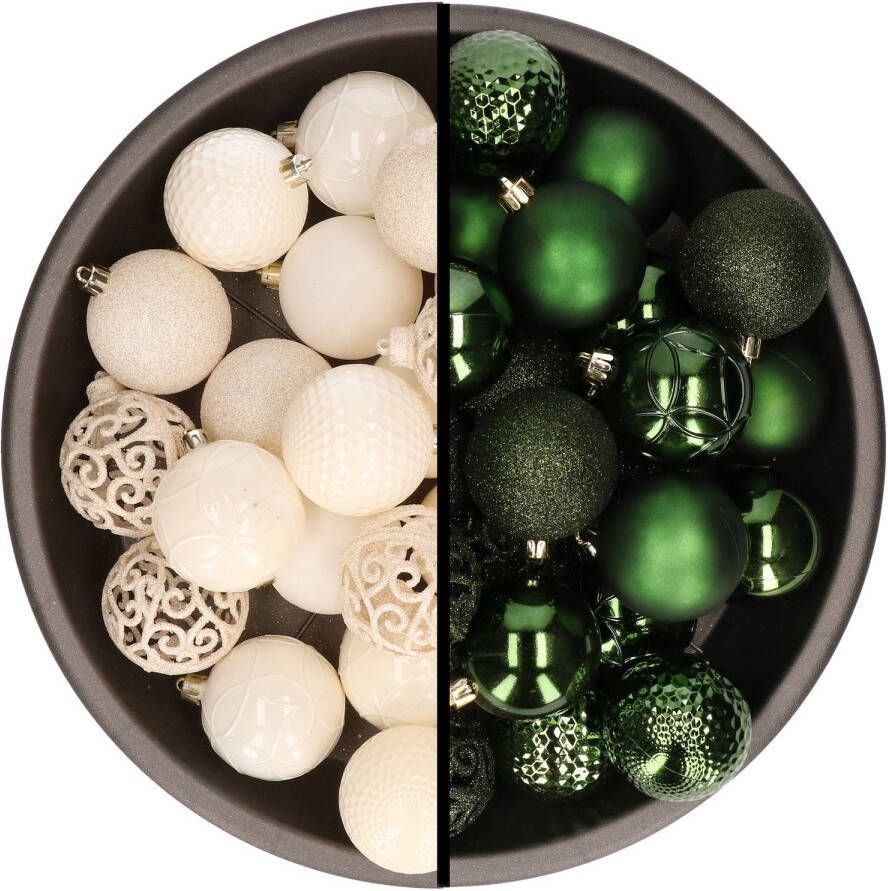 Merkloos Kerstballen 74x stuks wol wit en donkergroen 6 cm kunststof Kerstbal