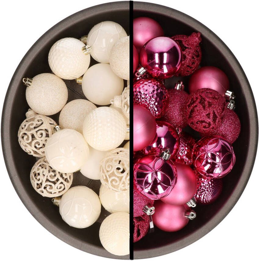 Merkloos Kerstballen 74x stuks wol wit en fuchsia roze 6 cm kunststof Kerstbal