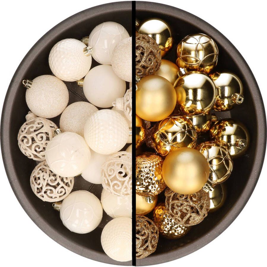Merkloos Kerstballen 74x stuks wol wit en goud 6 cm kunststof Kerstbal