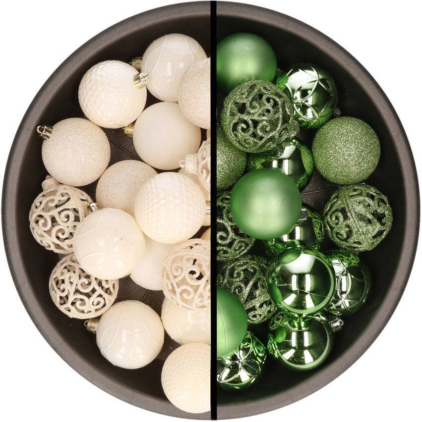 Merkloos Kerstballen 74x stuks wol wit en groen 6 cm kunststof Kerstbal