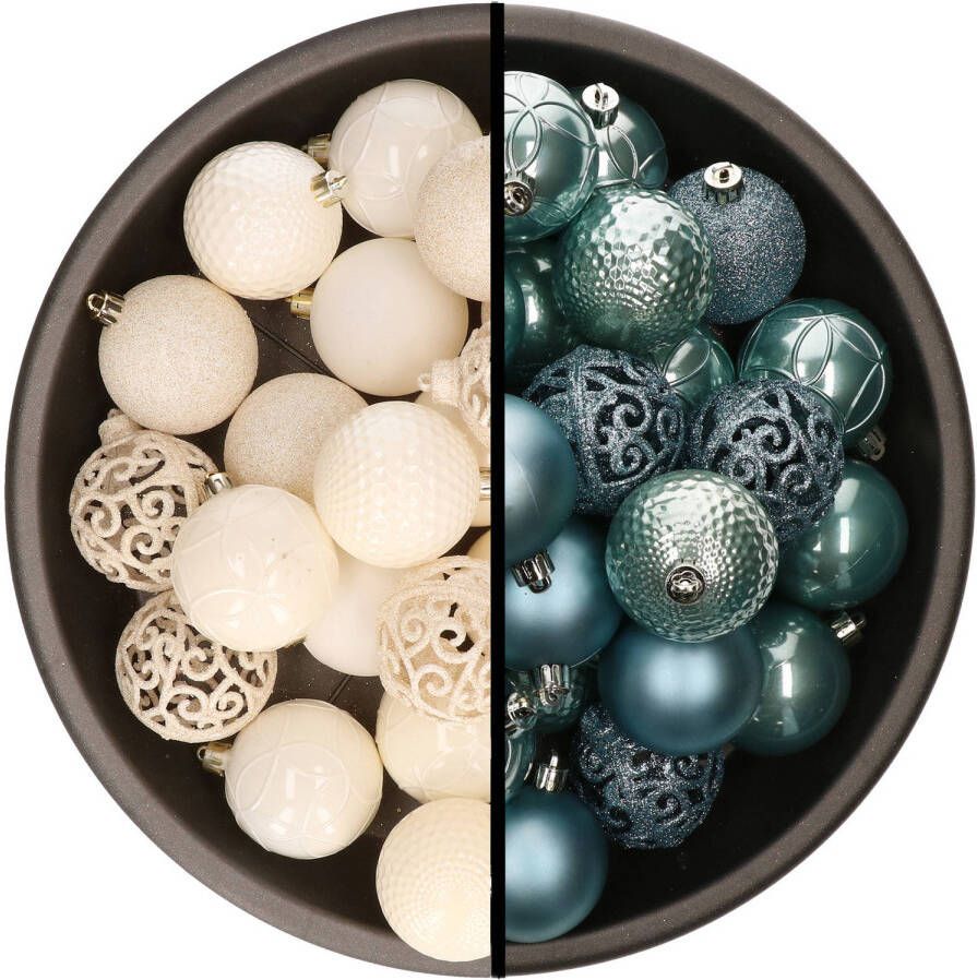 Merkloos Kerstballen 74x stuks wol wit en ijsblauw 6 cm kunststof Kerstbal