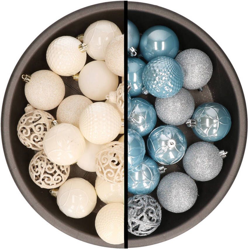Merkloos Kerstballen 74x stuks wol wit en lichtblauw 6 cm kunststof Kerstbal