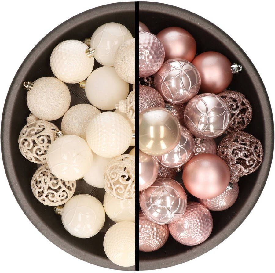 Merkloos Kerstballen 74x stuks wol wit en lichtroze 6 cm kunststof Kerstbal