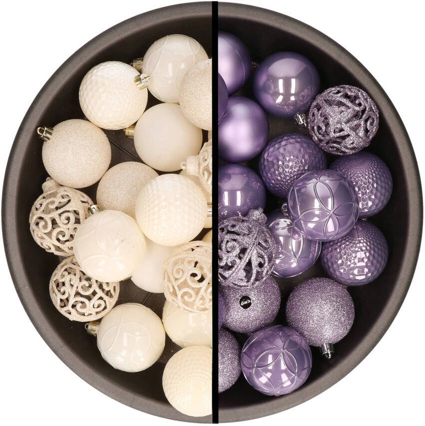 Merkloos Kerstballen 74x stuks wol wit en lila paars 6 cm kunststof Kerstbal