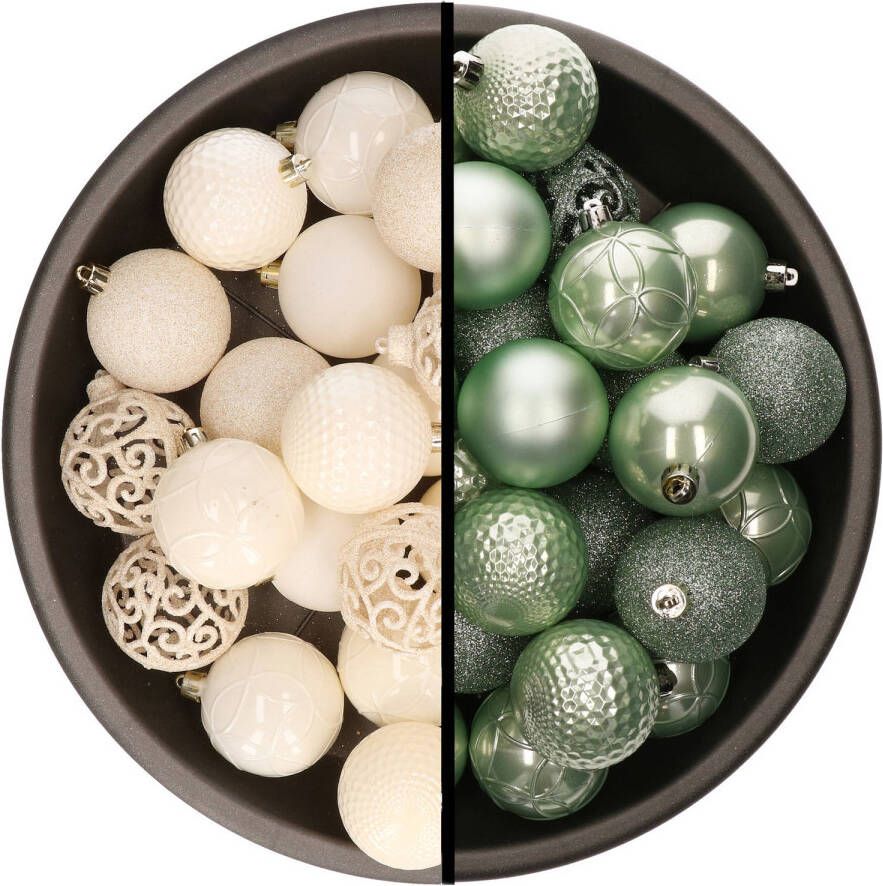 Merkloos Kerstballen 74x stuks wol wit en mintgroen 6 cm kunststof Kerstbal