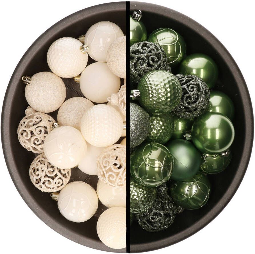 Merkloos Kerstballen 74x stuks wol wit en salie groen 6 cm kunststof Kerstbal
