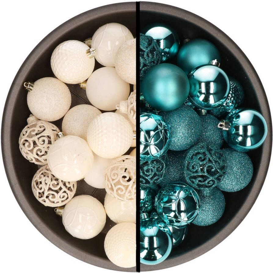 Merkloos Kerstballen 74x stuks wol wit en turquoise blauw 6 cm kunststof Kerstbal
