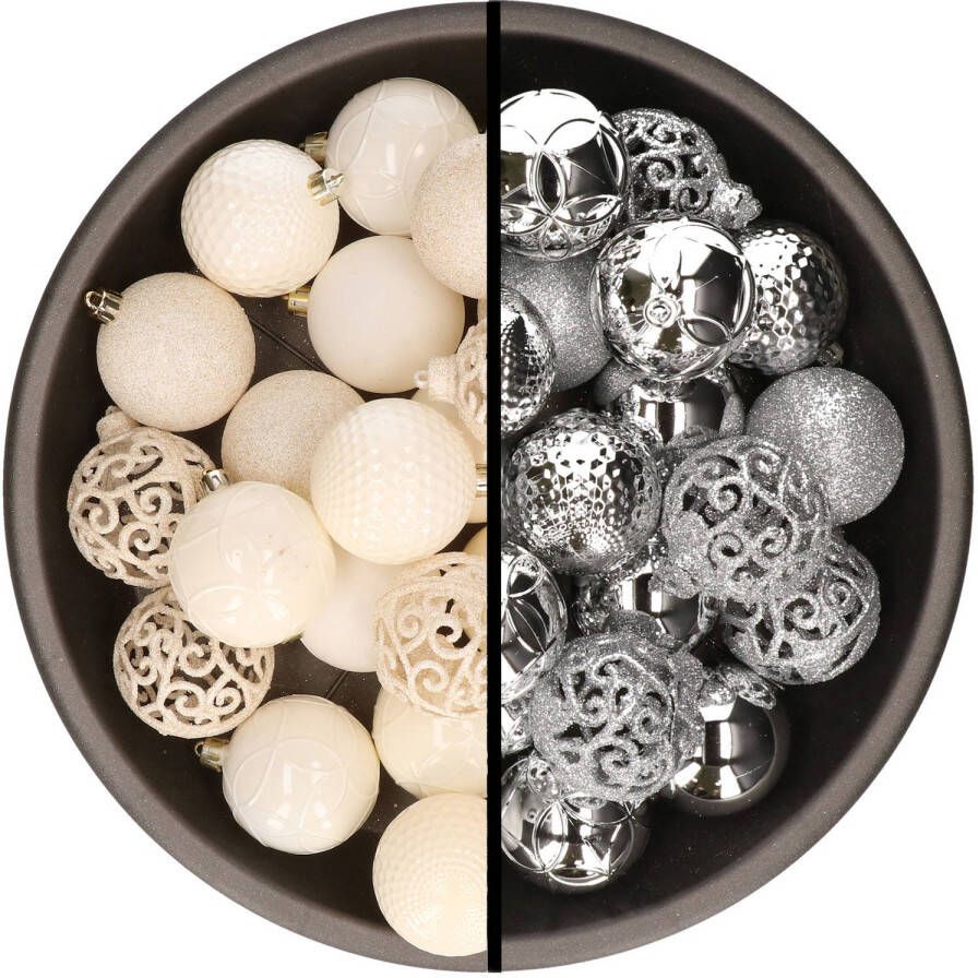 Merkloos Kerstballen 74x stuks wol wit en zilver 6 cm kunststof Kerstbal