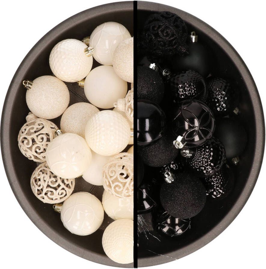 Merkloos Kerstballen 74x stuks wol wit en zwart 6 cm kunststof Kerstbal