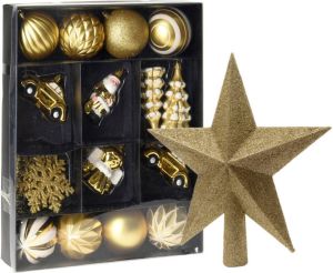 Merkloos Kerstballen en ornamenten incl. ster piek goud wit kunststof Kersthangers