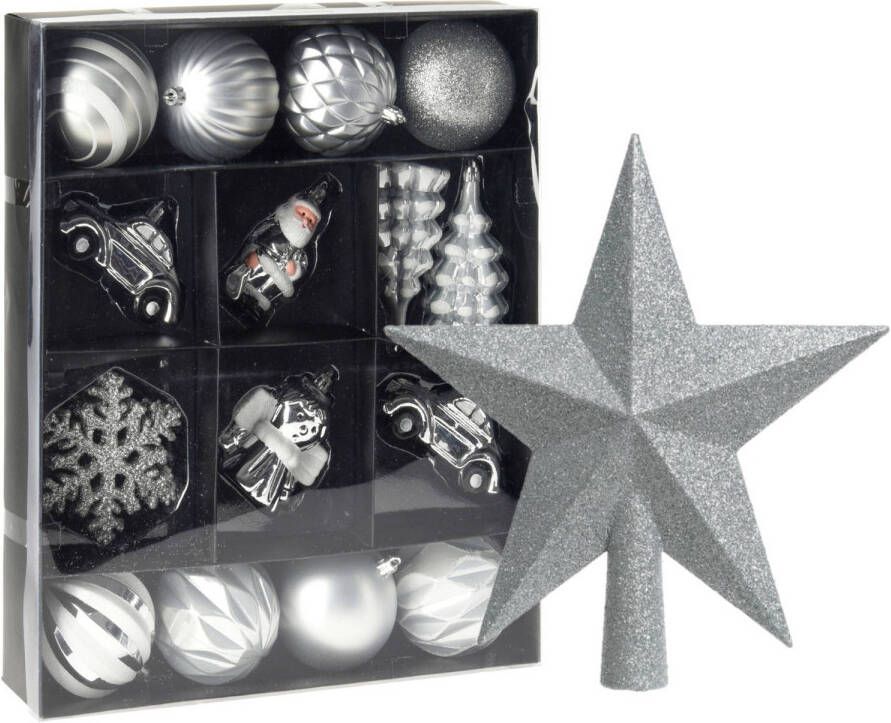 Merkloos Kerstballen en ornamenten incl. ster piek zilver wit kunststof Kersthangers