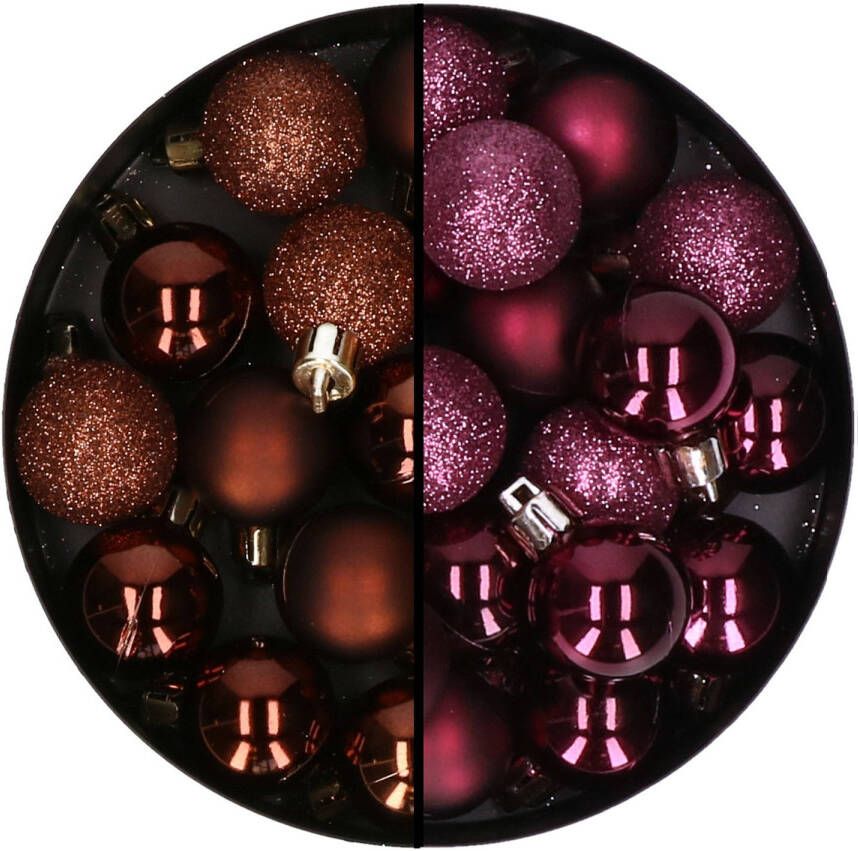Merkloos Kerstballen mini 40x st aubergine paars en donkerbruin 3 cm kunststoff Kerstbal
