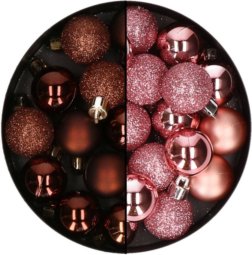 Merkloos Kerstballen mini 40x st roze en donkerbruin 3 cm kunststof Kerstbal