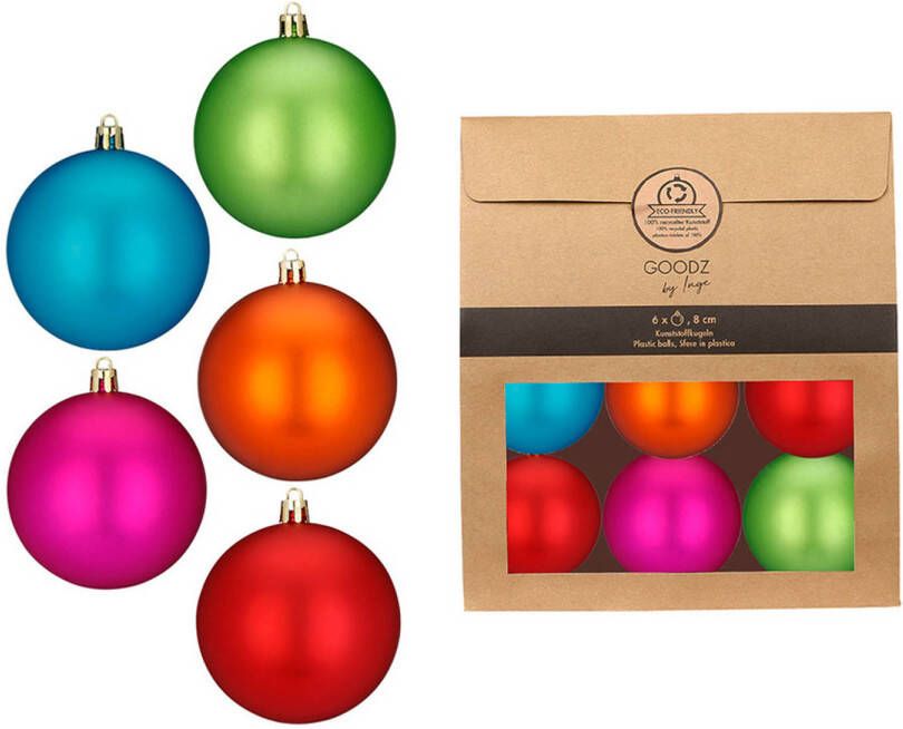 Merkloos Kerstballen van kunststof 6x gekleurd- 8 cm -milieubewust verpakt Kerstbal
