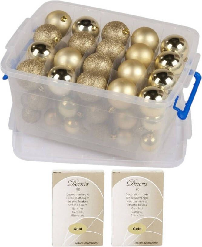 Merkloos Kerstballen kerstversiering goud in box 70 stuks met kerstbalhaakjes Kerstbal