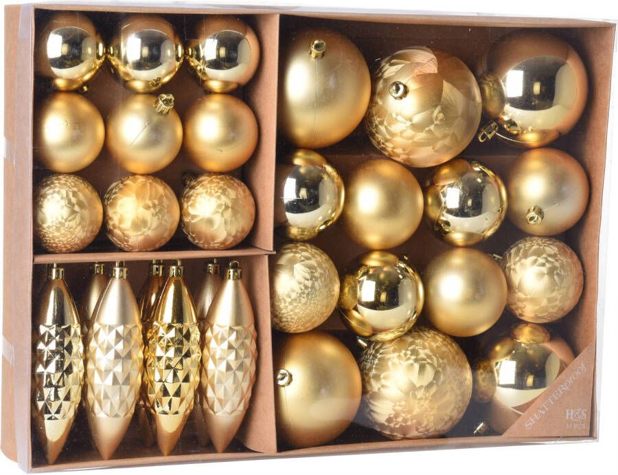 Merkloos Kerstballen ornamenten pakket 31x gouden kunststof kerstballen mix Kerstbal