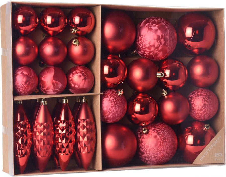 Merkloos Kerstboomversiering set met 31 kerstornamenten rood van kunststof Kerstbal
