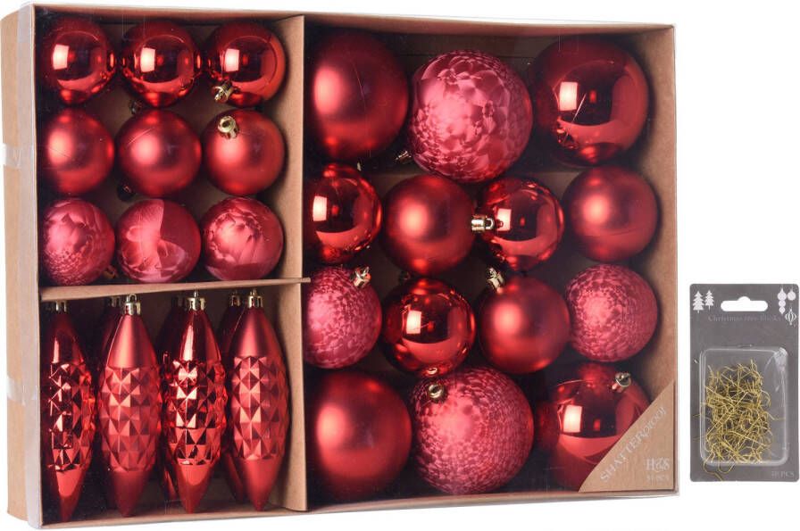 Merkloos Kerstballen ornamenten pakket 31x rood kunststof mix incl. 50x ophanghaakjes Kerstbal
