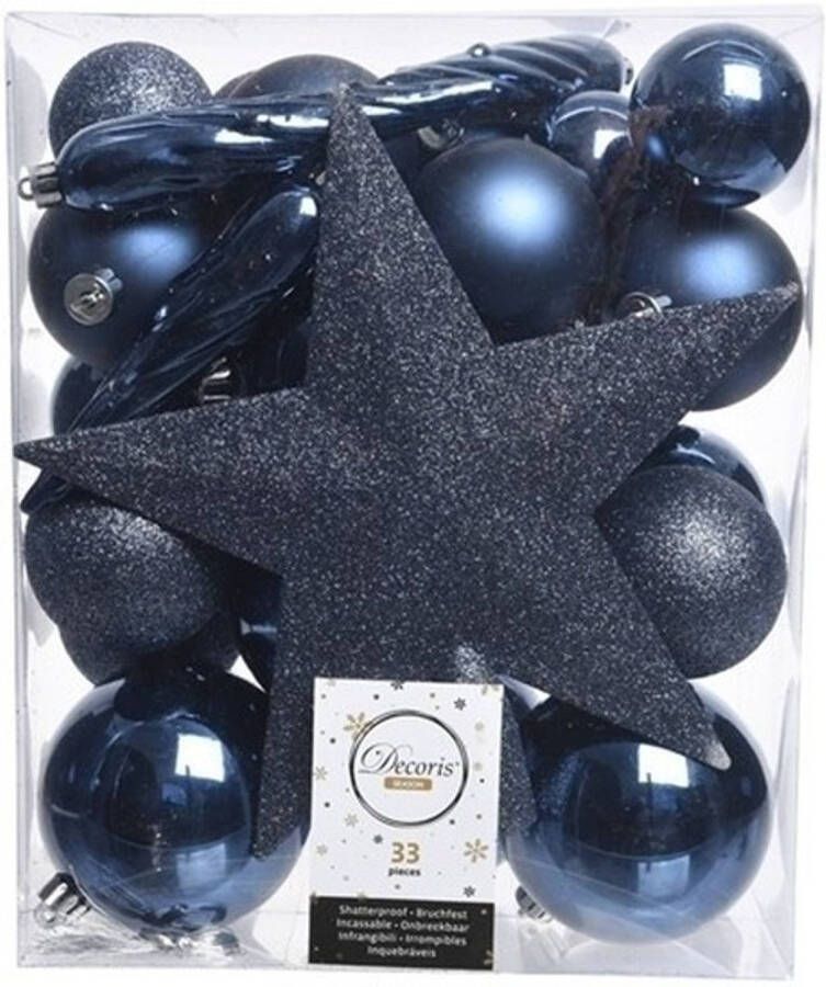 Bellatio Decorations Set van 33x stuks kunststof kerstballen met ster piek donkerblauw mix Kerstbal