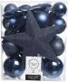 Bellatio Decorations Set van 33x stuks kunststof kerstballen met ster piek donkerblauw mix Kerstbal - Thumbnail 1