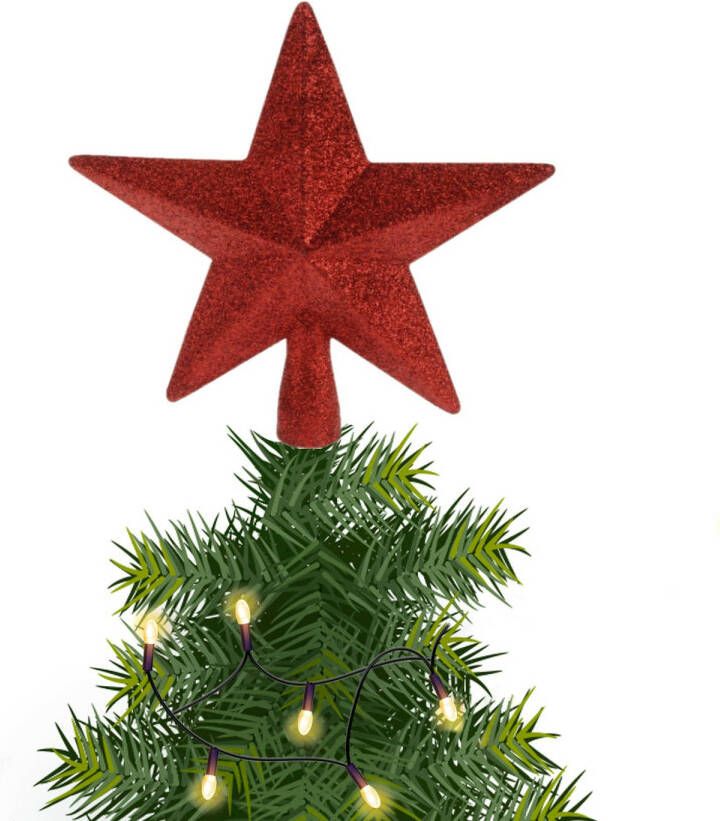 Merkloos Kerstboom piek ster kunststof rood met glitters 19 cm kerstboompieken