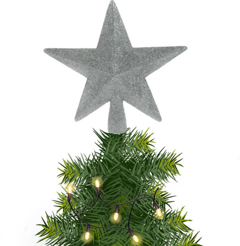 Merkloos Kerstboom piek ster kunststof zilver met glitters 19 cm kerstboompieken